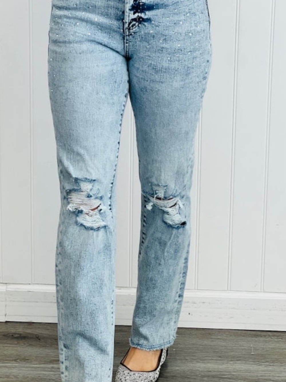 New Mica Cool Indigo High Rise Rhinestone Straight Leg Jeans Size 9 29